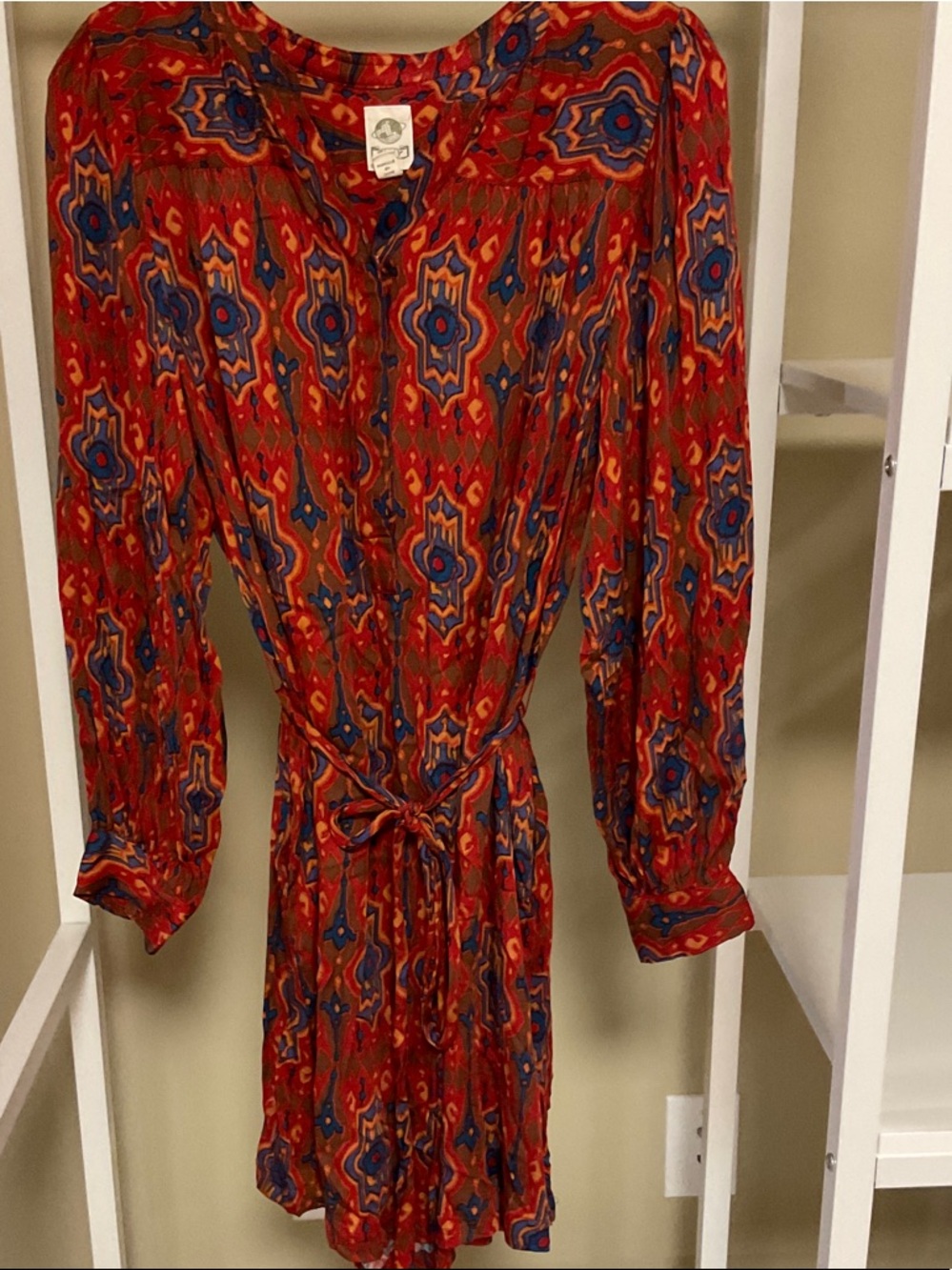 Red Patterned Long Sleeve Tie-Waist Dress